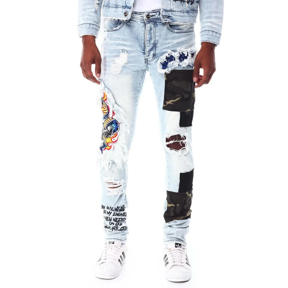 GFTD LA Los Angeles Men's Ezra Skinny Fit Embroidered Skull Distress Rip Jeans - Picture 4 of 6